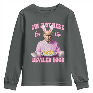 Funny Easter Day Trump Youth Sweatshirt I'm Just Here For The Deviled Eggs Bunny Ears TS11 Dark Heather Print Your Wear