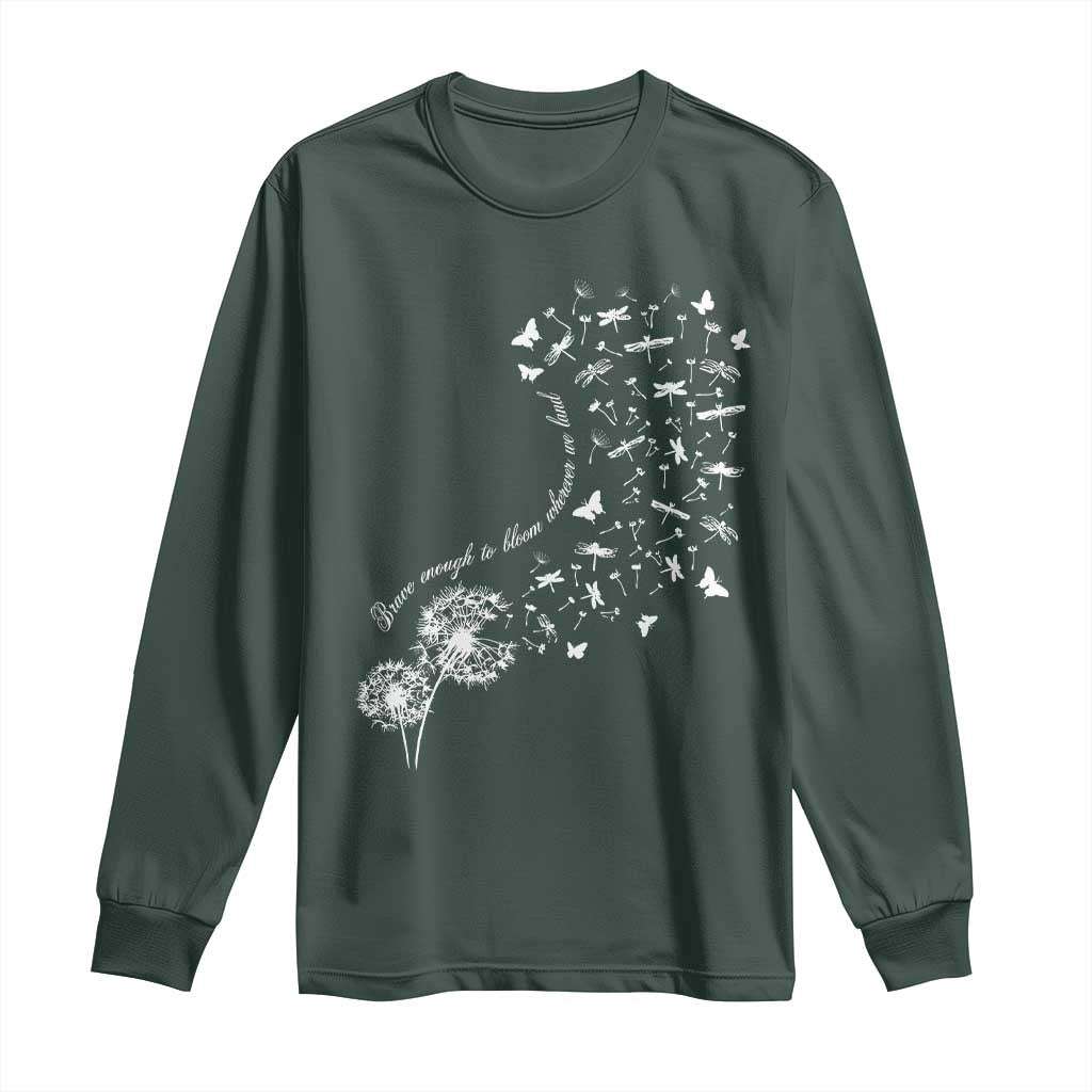 Military Child Month Long Sleeve Shirt Brave Enough To Bloom Wherever We Land Dandelion Flowers TS11 Dark Forest Green Print Your Wear