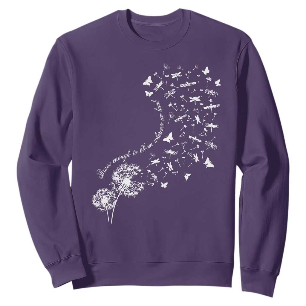 Military Child Month Sweatshirt Brave Enough To Bloom Wherever We Land Dandelion Flowers TS11 Purple Print Your Wear