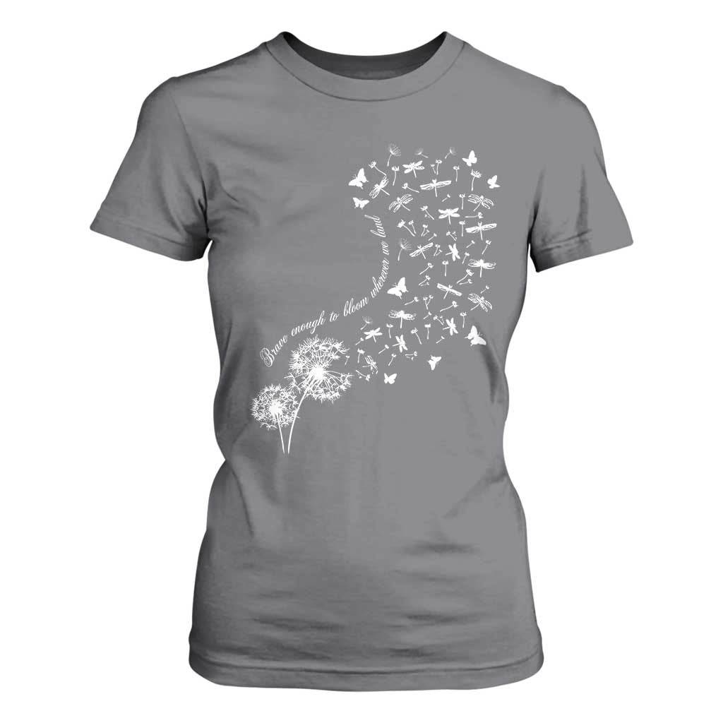 Military Child Month T Shirt For Women Brave Enough To Bloom Wherever We Land Dandelion Flowers TS11 Charcoal Print Your Wear