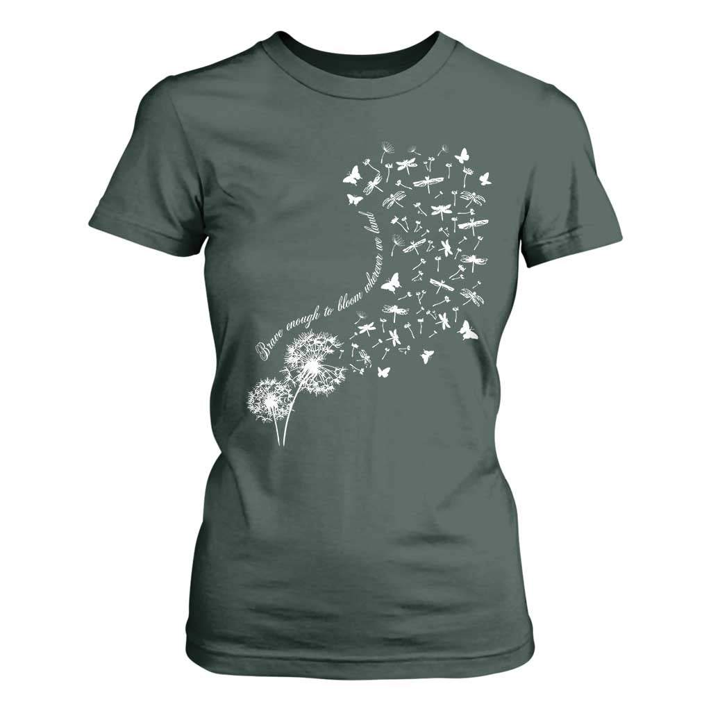 Military Child Month T Shirt For Women Brave Enough To Bloom Wherever We Land Dandelion Flowers TS11 Dark Forest Green Print Your Wear