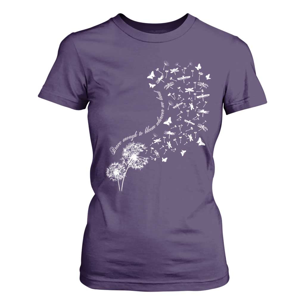 Military Child Month T Shirt For Women Brave Enough To Bloom Wherever We Land Dandelion Flowers TS11 Purple Print Your Wear