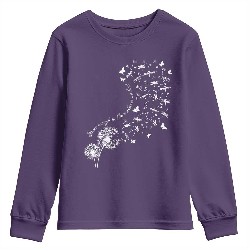 Military Child Month Youth Sweatshirt Brave Enough To Bloom Wherever We Land Dandelion Flowers TS11 Purple Print Your Wear