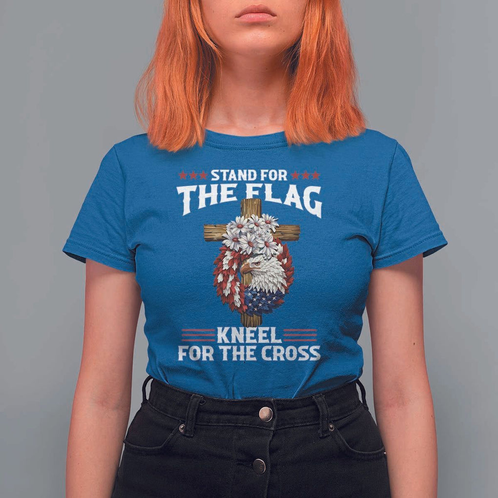 Christian Faith T Shirt For Women 4th Of July Stand For The Flag Kneel For The Cross USA Flag TS11 Royal Blue Print Your Wear