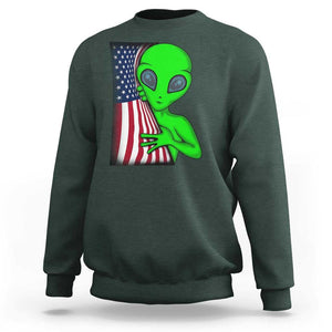 Funny 4th Of July Alien Sweatshirt USA American Flag UFO TS11 Dark Forest Green Print Your Wear