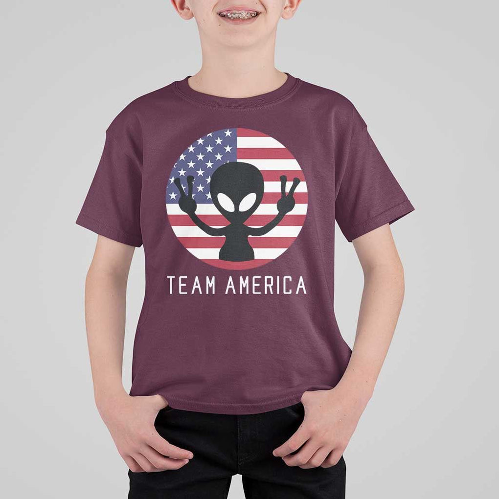 Funny 4th Of July Alien T Shirt For Kid Team America USA Flag UFO TS11 Maroon Print Your Wear
