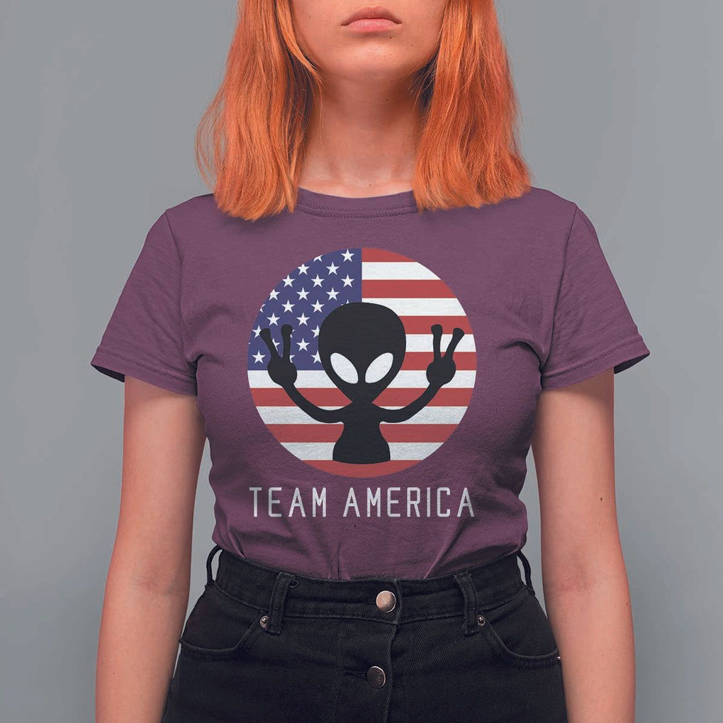 Funny 4th Of July Alien T Shirt For Women Team America USA Flag UFO TS11 Maroon Print Your Wear