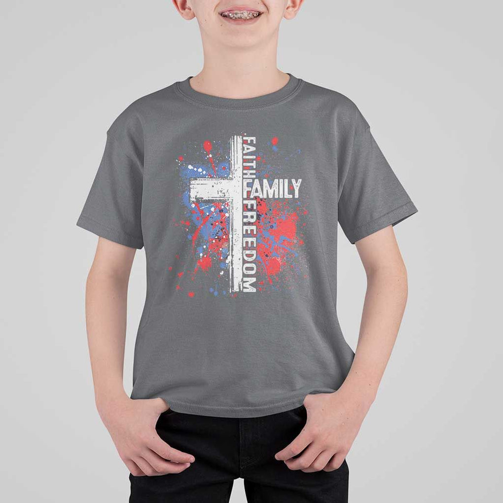 Patriotic Christian T Shirt For Kid Faith Family Freedom Vintage USA Flag Cross 4th Of July TS11 Charcoal Print Your Wear
