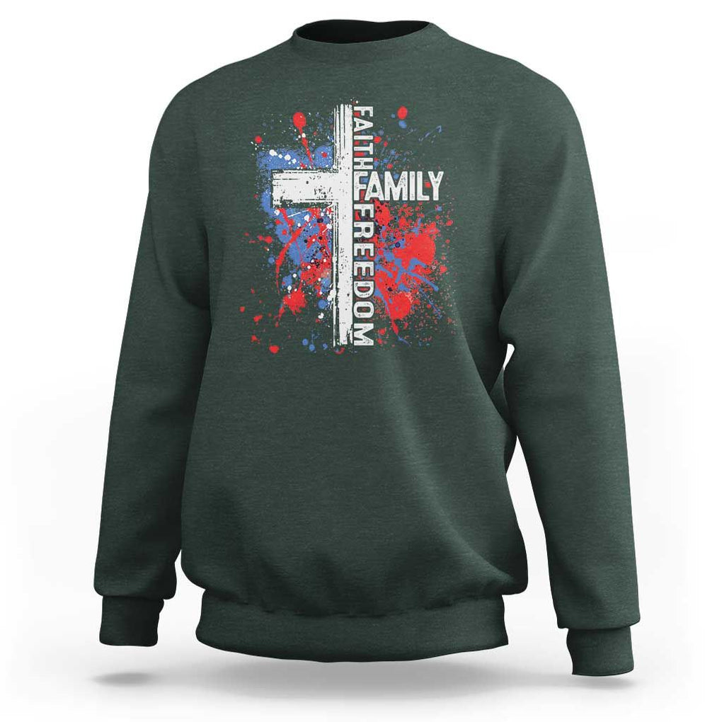 Patriotic Christian Sweatshirt Faith Family Freedom Vintage USA Flag Cross 4th Of July TS11 Dark Forest Green Print Your Wear