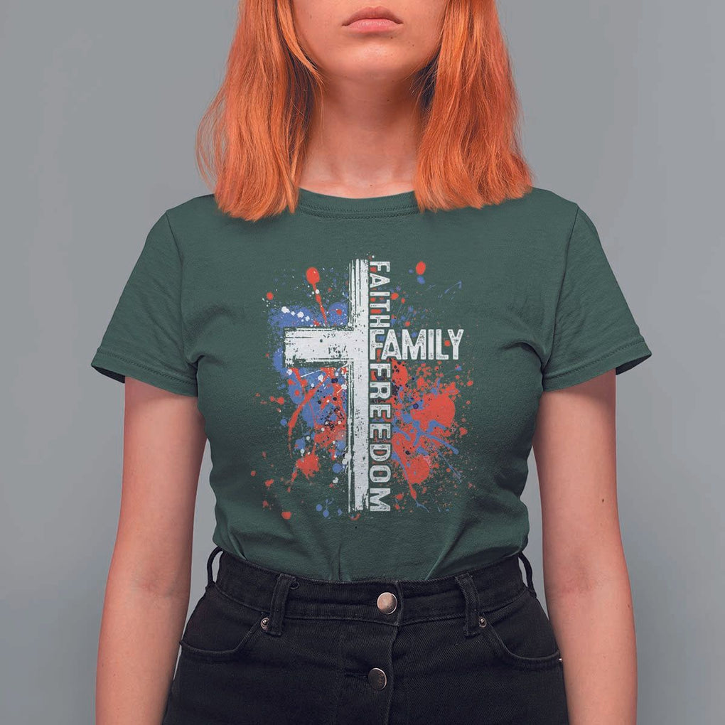 Patriotic Christian T Shirt For Women Faith Family Freedom Vintage USA Flag Cross 4th Of July TS11 Dark Forest Green Print Your Wear