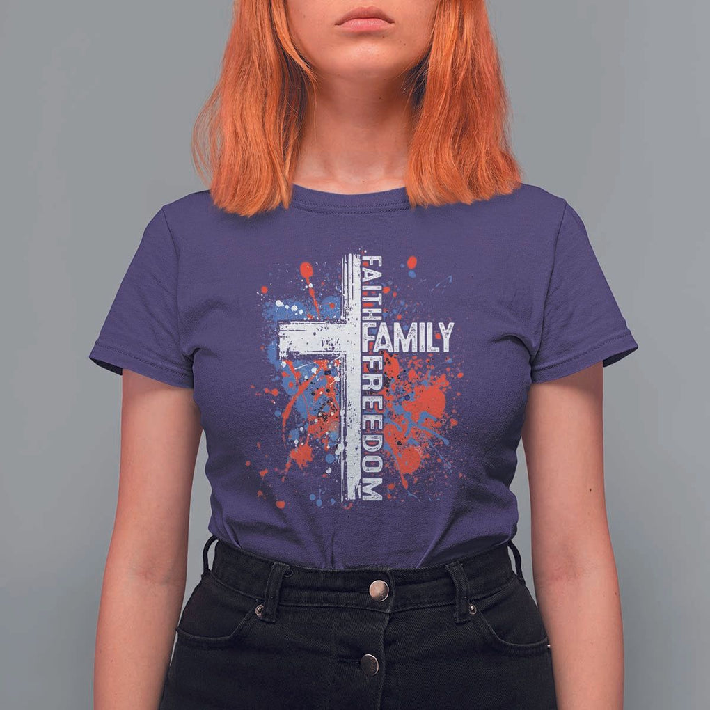 Patriotic Christian T Shirt For Women Faith Family Freedom Vintage USA Flag Cross 4th Of July TS11 Purple Print Your Wear