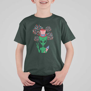 Funny Fourth Of July Alien T Shirt For Kid American USA Flag Fireworks TS11 Dark Forest Green Print Your Wear