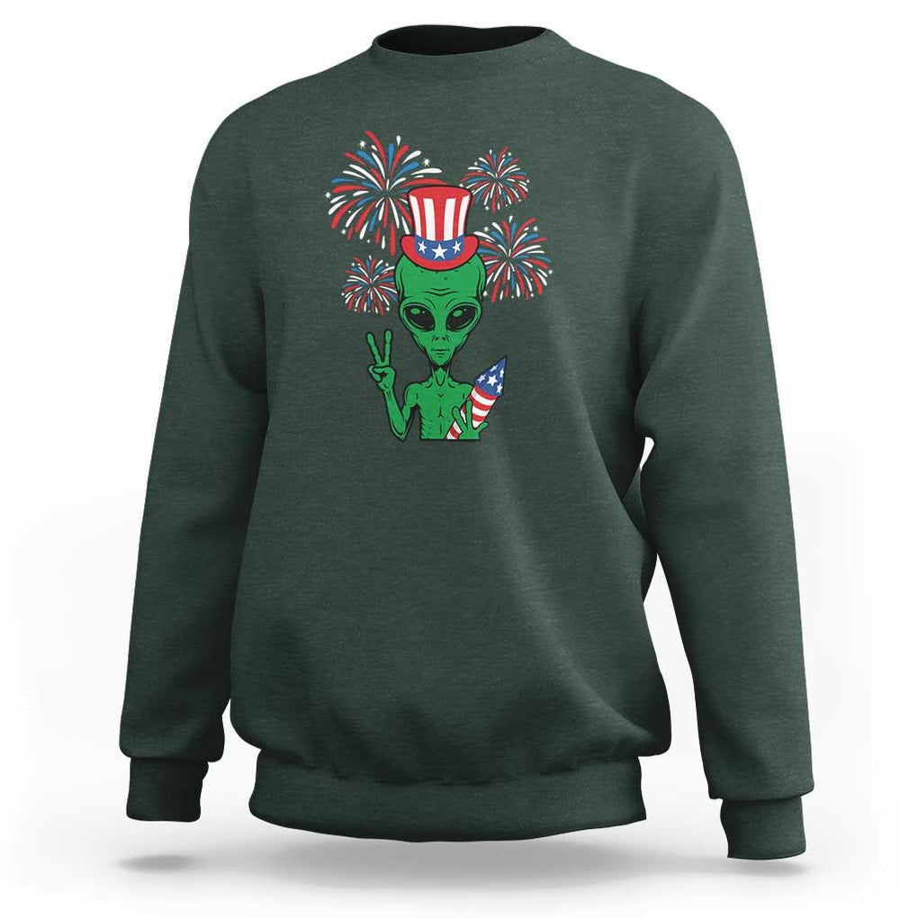 Funny Fourth Of July Alien Sweatshirt American USA Flag Fireworks TS11 Dark Forest Green Print Your Wear
