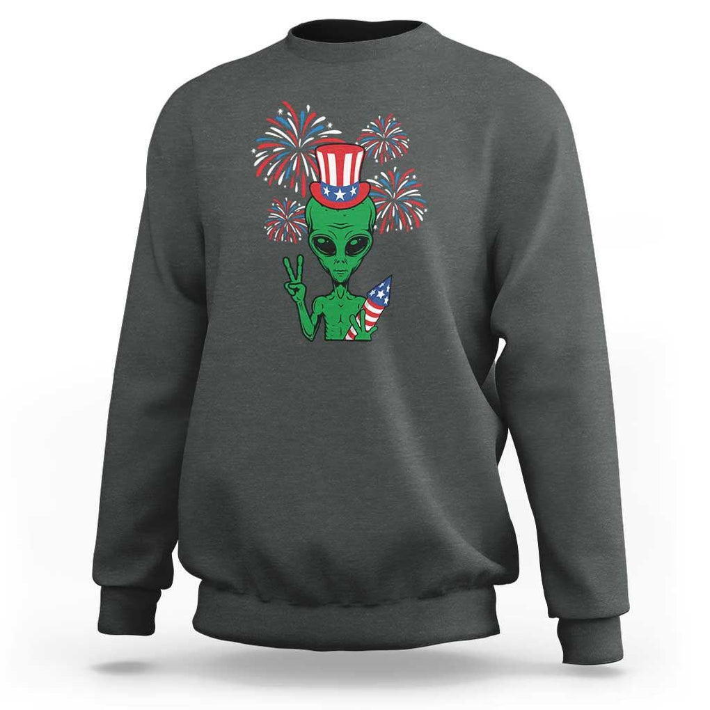 Funny Fourth Of July Alien Sweatshirt American USA Flag Fireworks TS11 Dark Heather Print Your Wear