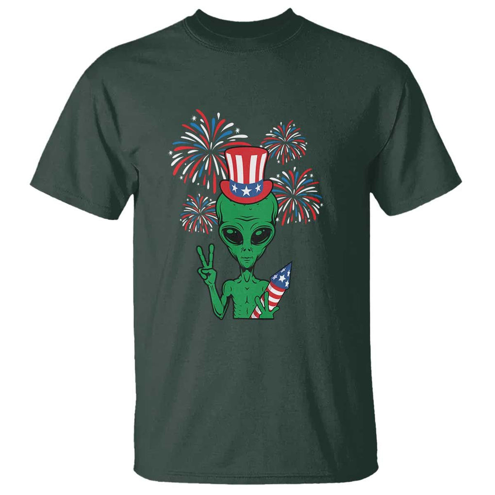 Funny Fourth Of July Alien T Shirt American USA Flag Fireworks TS11 Dark Forest Green Print Your Wear