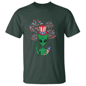 Funny Fourth Of July Alien T Shirt American USA Flag Fireworks TS11 Dark Forest Green Print Your Wear