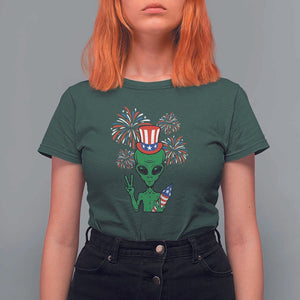 Funny Fourth Of July Alien T Shirt For Women American USA Flag Fireworks TS11 Dark Forest Green Print Your Wear