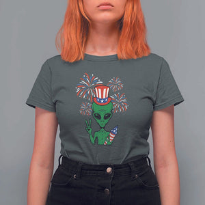 Funny Fourth Of July Alien T Shirt For Women American USA Flag Fireworks TS11 Dark Heather Print Your Wear