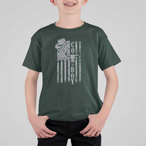 Fourth Of July Western Country T Shirt For Kid Howdy American Flag Cowboy Texas Rodeo Cow Skull TS11 Dark Forest Green Print Your Wear