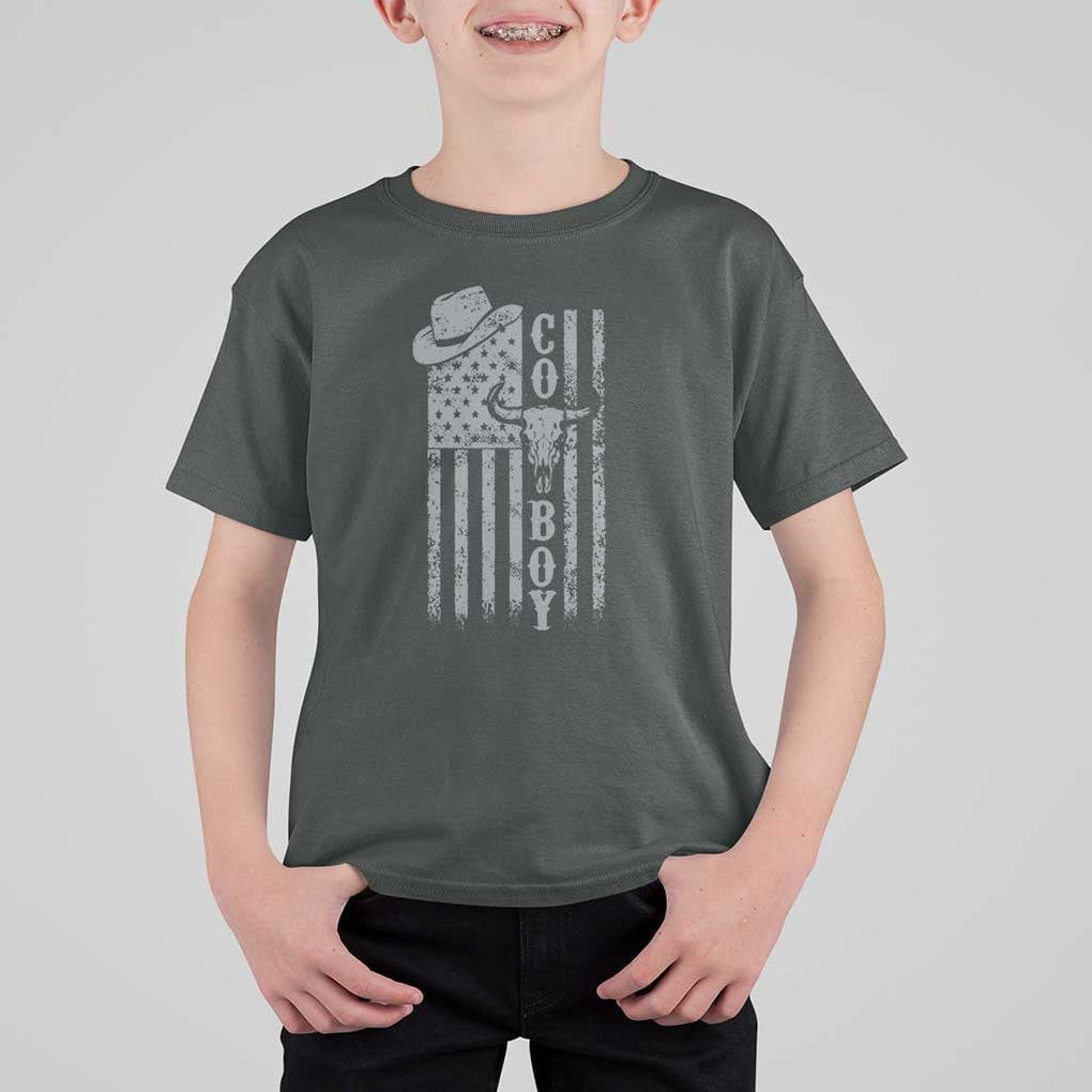 Fourth Of July Western Country T Shirt For Kid Howdy American Flag Cowboy Texas Rodeo Cow Skull TS11 Dark Heather Print Your Wear
