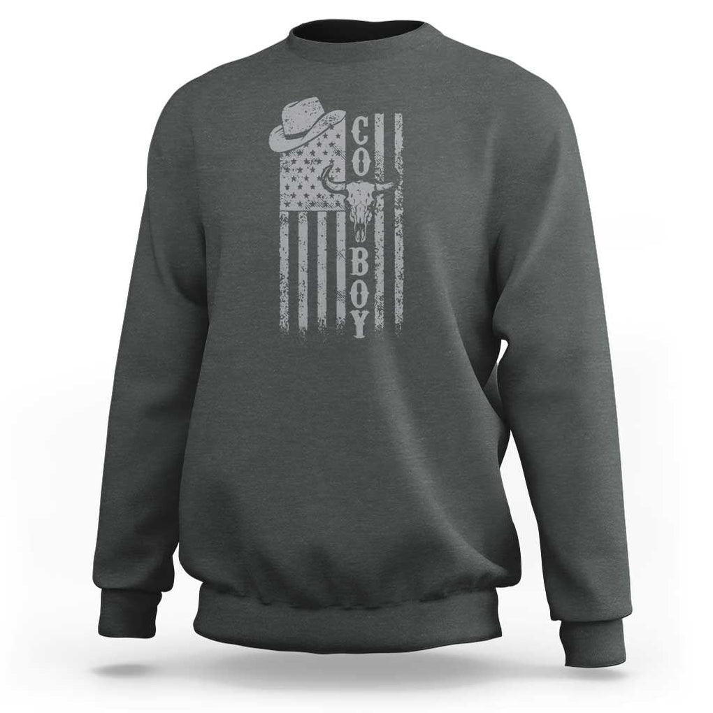 Fourth Of July Western Country Sweatshirt Howdy American Flag Cowboy Texas Rodeo Cow Skull TS11 Dark Heather Print Your Wear