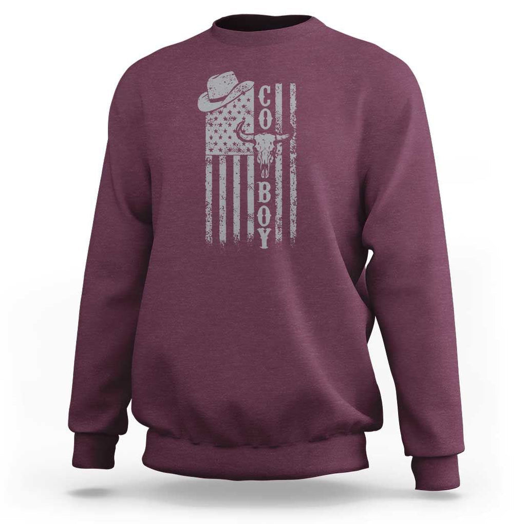 Fourth Of July Western Country Sweatshirt Howdy American Flag Cowboy Texas Rodeo Cow Skull TS11 Maroon Print Your Wear