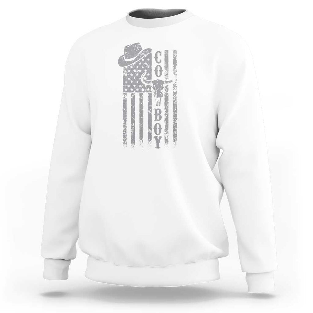 Fourth Of July Western Country Sweatshirt Howdy American Flag Cowboy Texas Rodeo Cow Skull TS11 White Print Your Wear