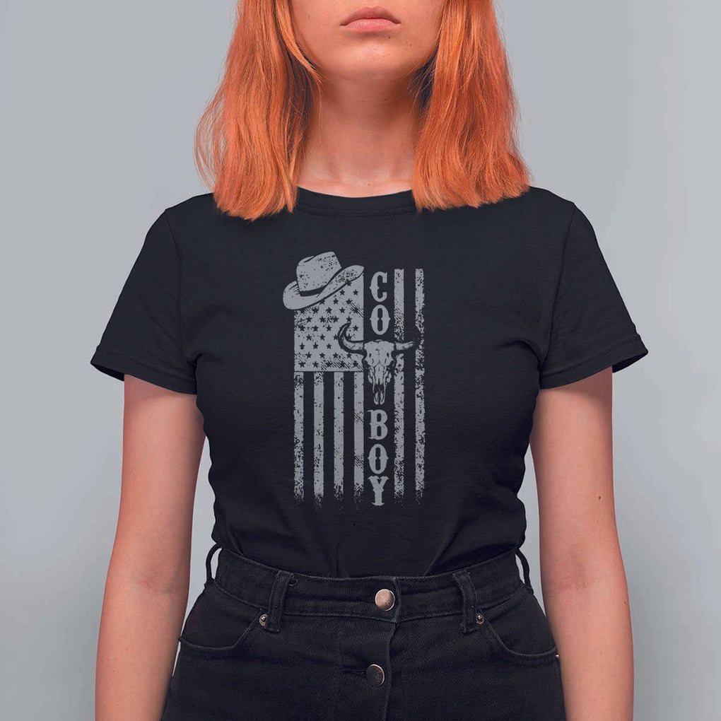 Fourth Of July Western Country T Shirt For Women Howdy American Flag Cowboy Texas Rodeo Cow Skull TS11 Black Print Your Wear