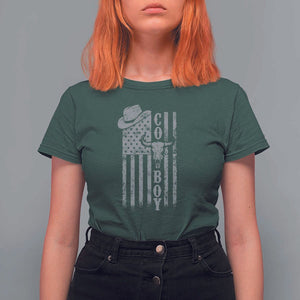 Fourth Of July Western Country T Shirt For Women Howdy American Flag Cowboy Texas Rodeo Cow Skull TS11 Dark Forest Green Print Your Wear