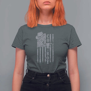 Fourth Of July Western Country T Shirt For Women Howdy American Flag Cowboy Texas Rodeo Cow Skull TS11 Dark Heather Print Your Wear