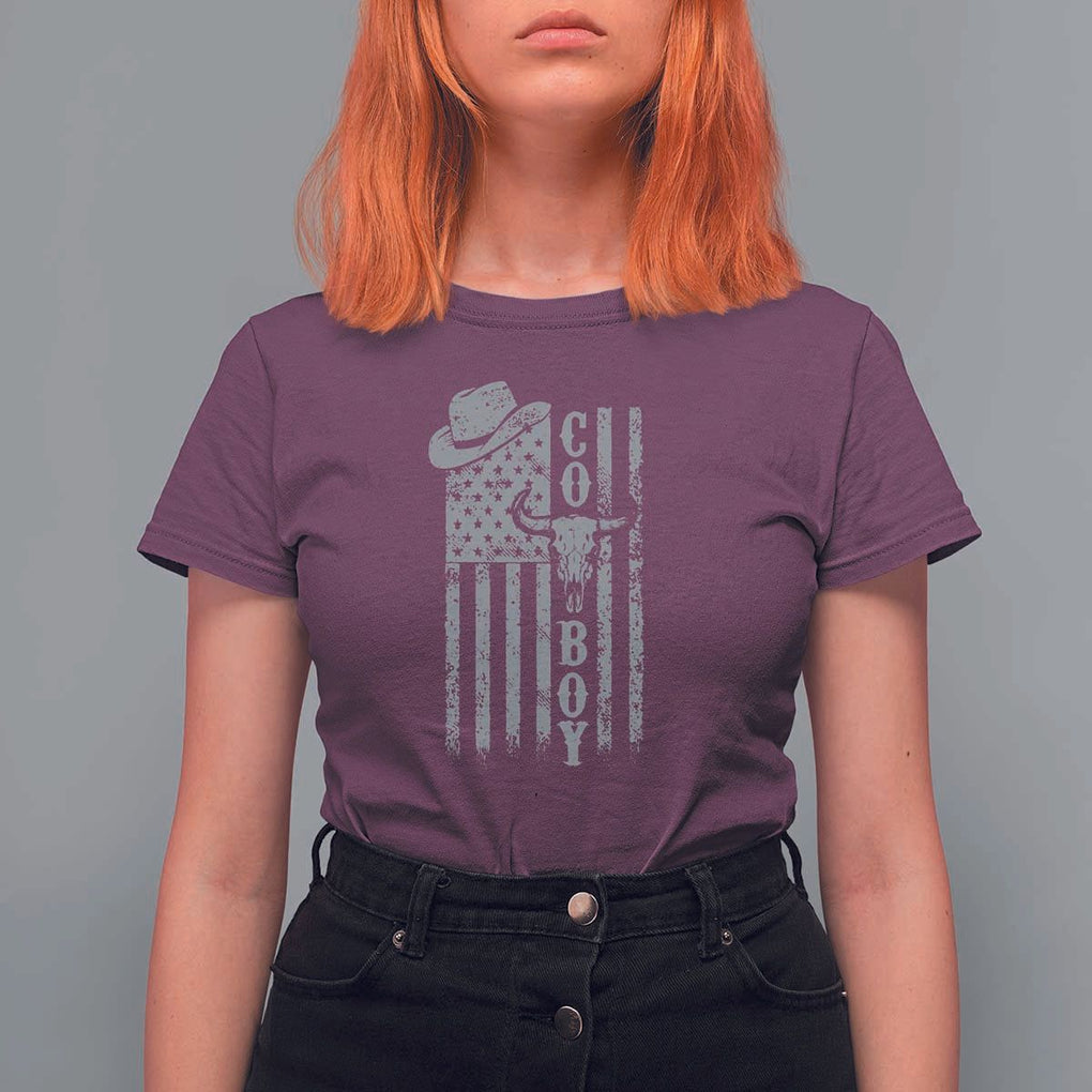 Fourth Of July Western Country T Shirt For Women Howdy American Flag Cowboy Texas Rodeo Cow Skull TS11 Maroon Print Your Wear