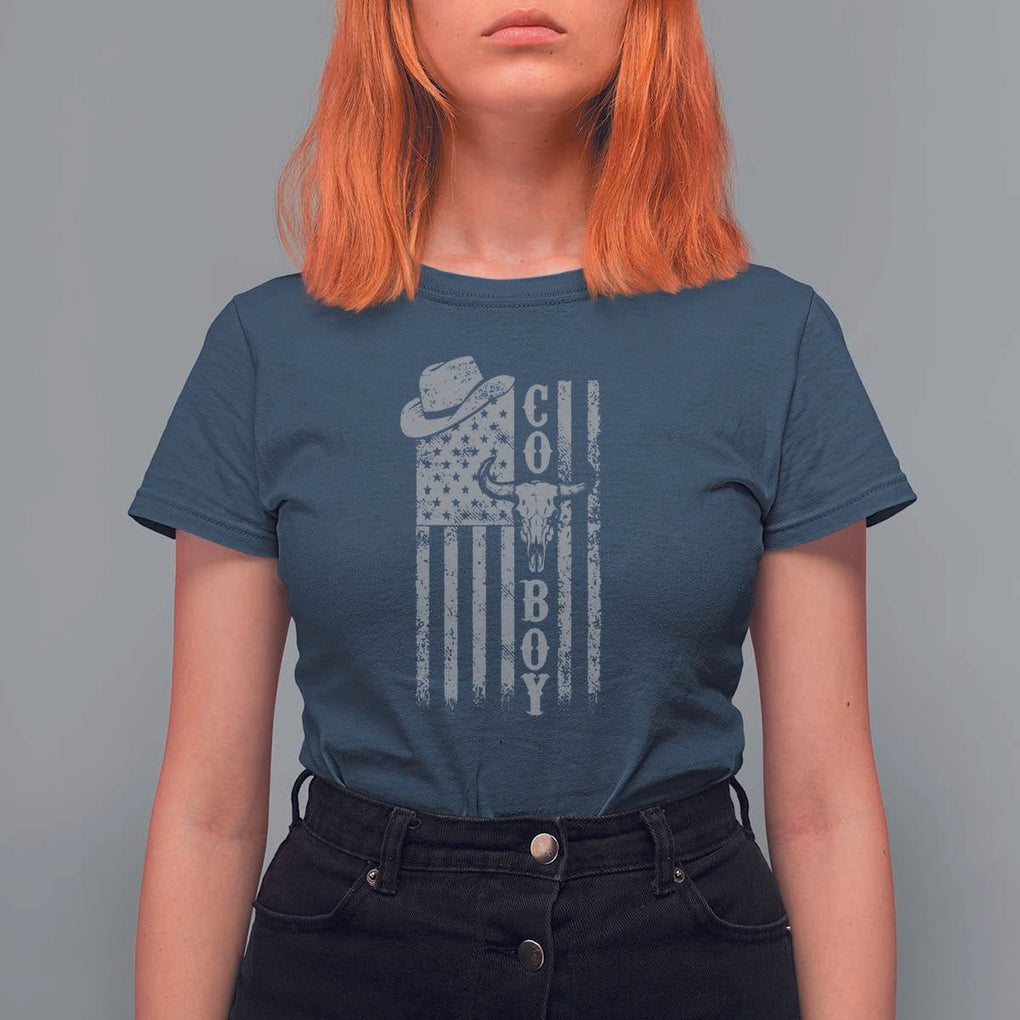 Fourth Of July Western Country T Shirt For Women Howdy American Flag Cowboy Texas Rodeo Cow Skull TS11 Navy Print Your Wear