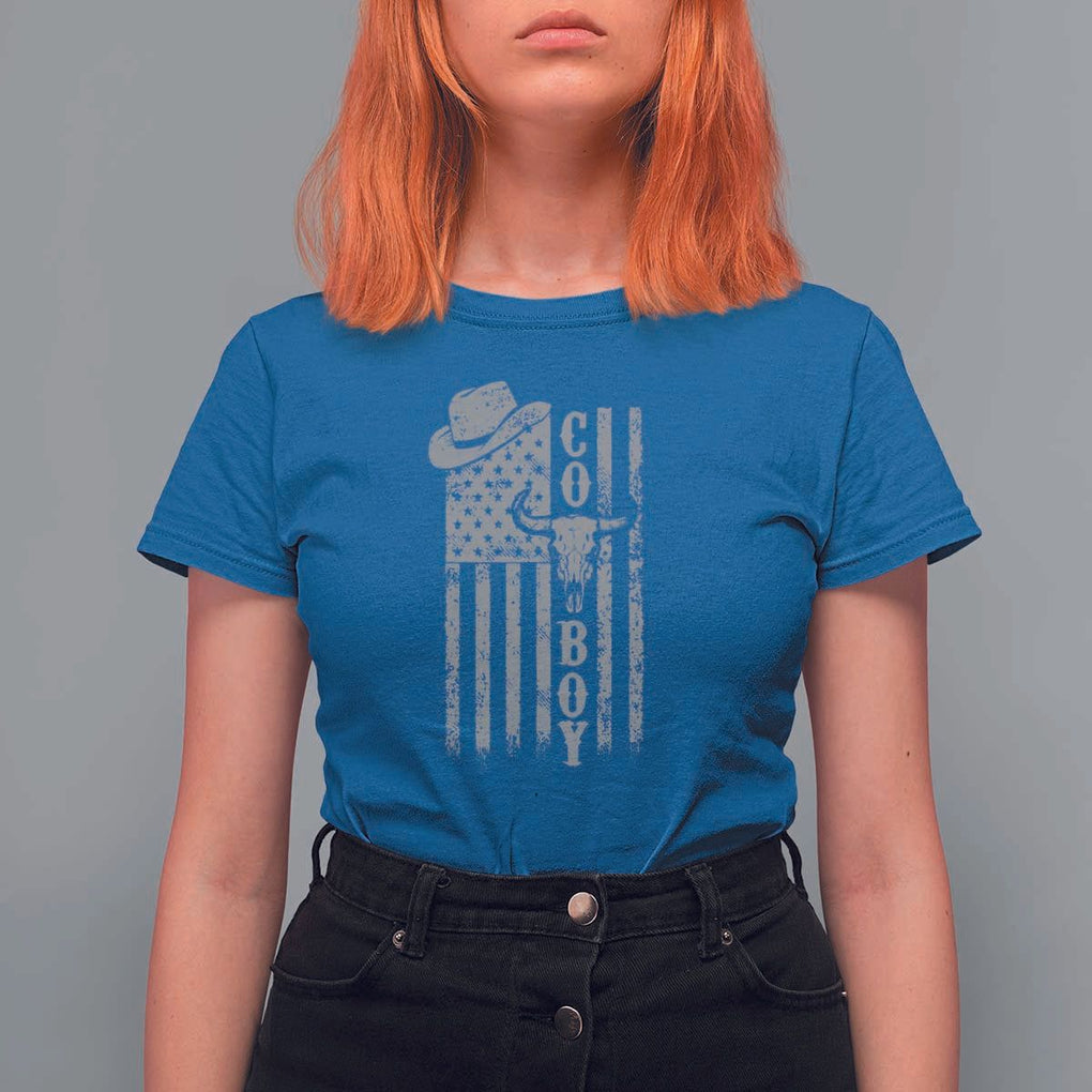 Fourth Of July Western Country T Shirt For Women Howdy American Flag Cowboy Texas Rodeo Cow Skull TS11 Royal Blue Print Your Wear