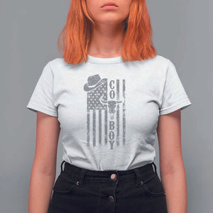 Fourth Of July Western Country T Shirt For Women Howdy American Flag Cowboy Texas Rodeo Cow Skull TS11 White Print Your Wear