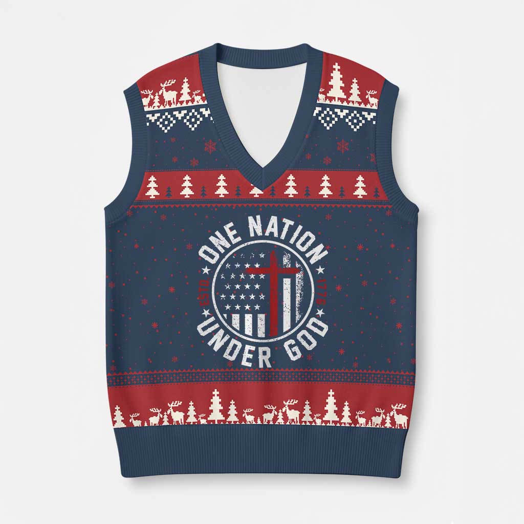 Funny One Nation Under God ESTD 1776 V-Neck Knit Sweater Vest 4th Of July Patriotic Christian TS11 Navy Red Print Your Wear