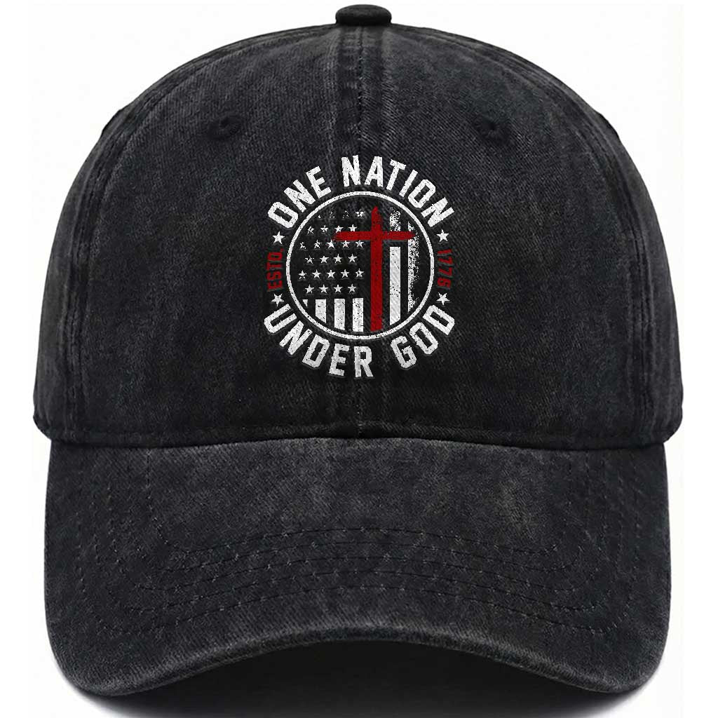 Funny One Nation Under God ESTD 1776 Washed Cotton Baseball Cap 4th Of July Patriotic Christian TS11 Washed Cap Universal Fit Black Print Your Wear