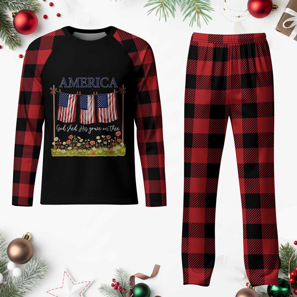 Funny America God Shed His Grace On Thee Plaid Pajama Set 4th Of July Christian American Flag TS11 Buffalo Plaid Print Your Wear