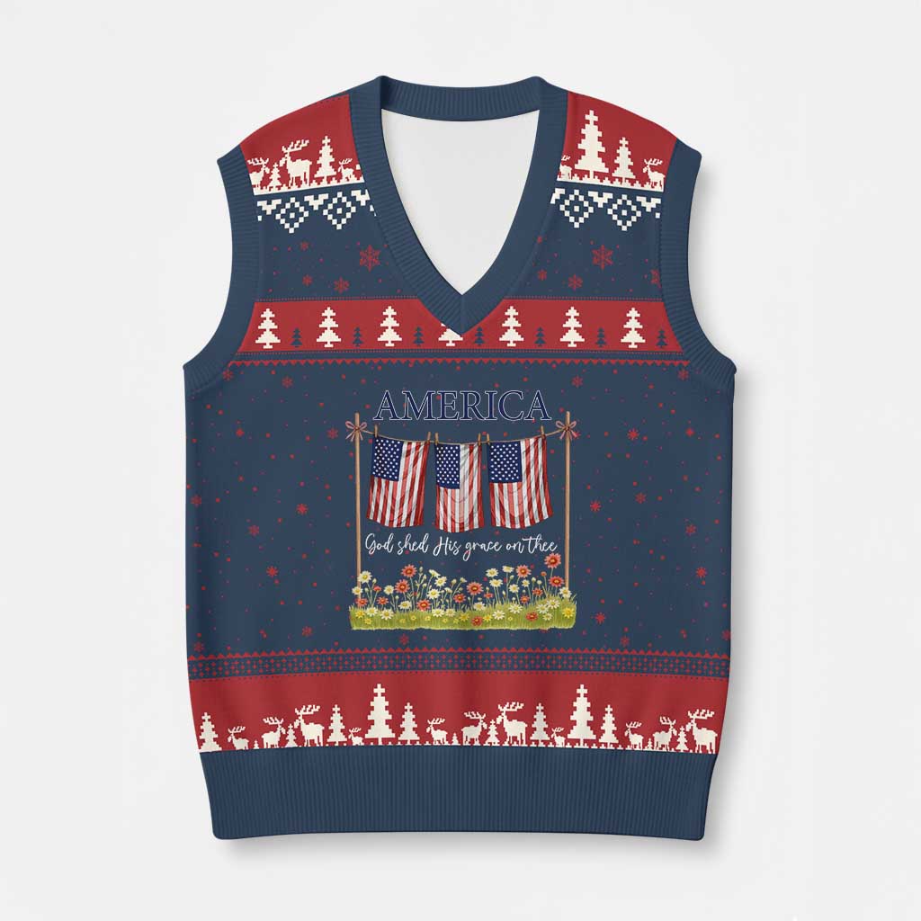Funny America God Shed His Grace On Thee V-Neck Knit Sweater Vest 4th Of July Christian American Flag TS11 Navy Red Print Your Wear