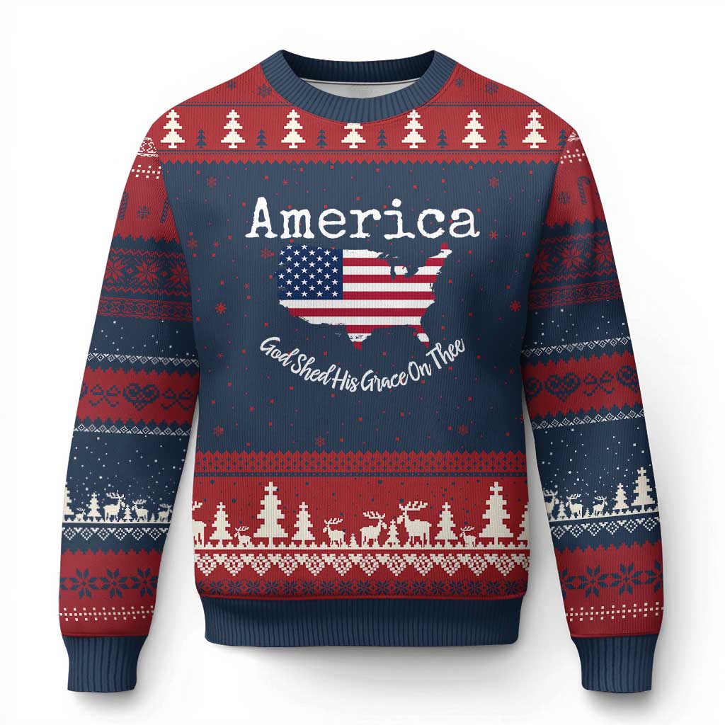 Funny America God Shed His Grace On Thee 4th of July Ugly Christmas Sweater TS11 Navy Red Print Your Wear