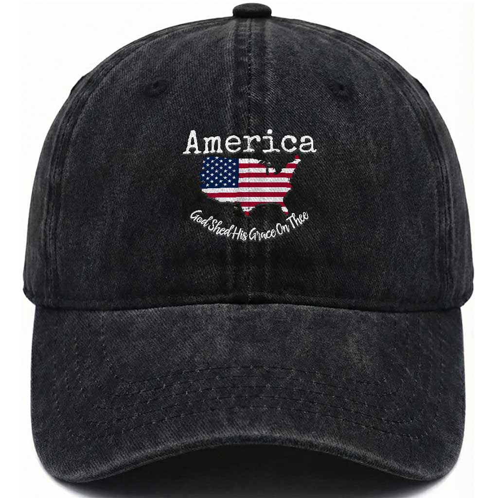 Funny America God Shed His Grace On Thee 4th of July Washed Cotton Baseball Cap TS11 Washed Cap Universal Fit Black Print Your Wear