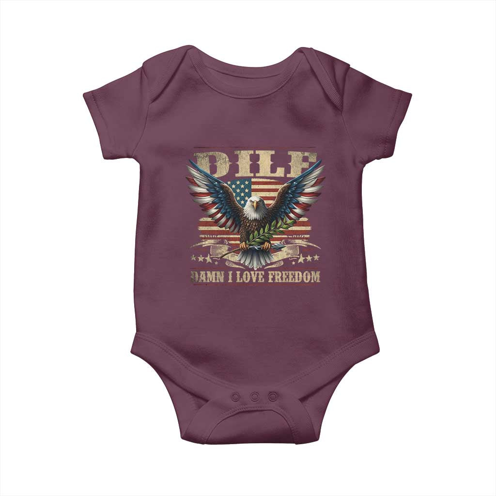 Funny 4th Of July DILF Damn I Love Freedom Baby Onesie Bald Eagle American Flag TS11 Maroon Print Your Wear