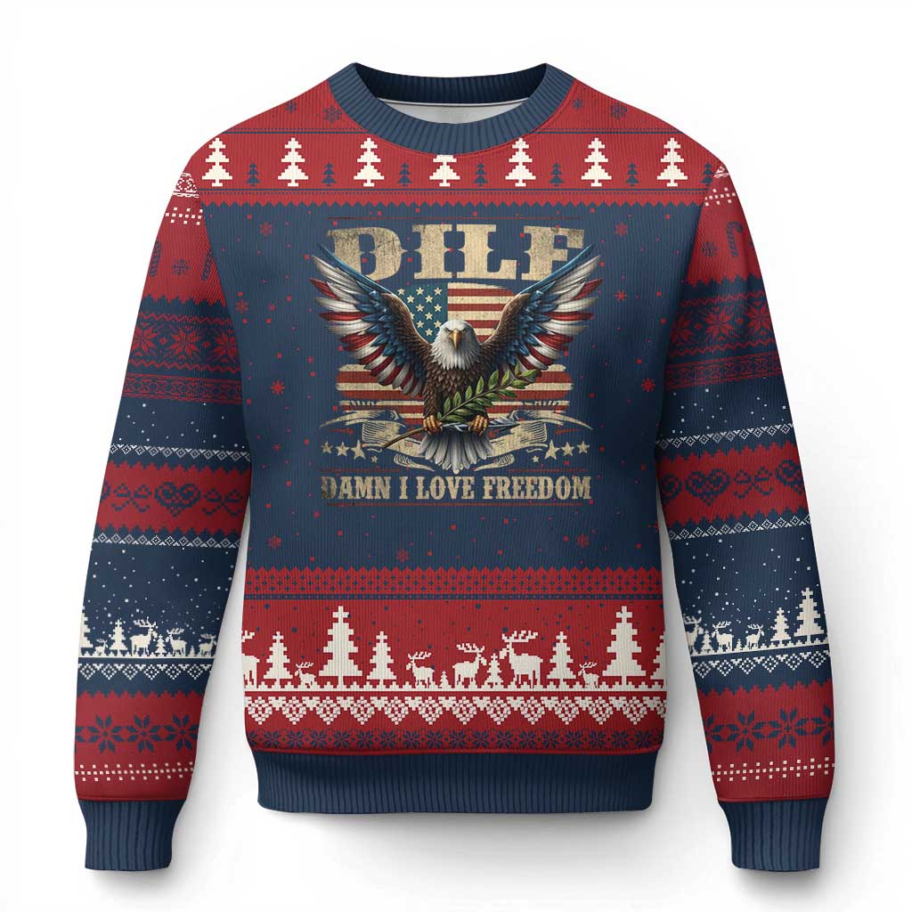 Funny 4th Of July DILF Damn I Love Freedom Ugly Christmas Sweater Bald Eagle American Flag TS11 Navy Red Print Your Wear