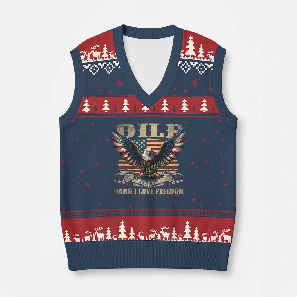 Funny 4th Of July DILF Damn I Love Freedom V-Neck Knit Sweater Vest Bald Eagle American Flag TS11 Navy Red Print Your Wear