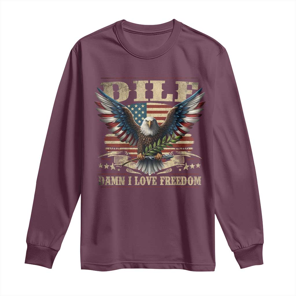 Funny 4th Of July DILF Damn I Love Freedom Long Sleeve Shirt Bald Eagle American Flag TS11 Maroon Print Your Wear