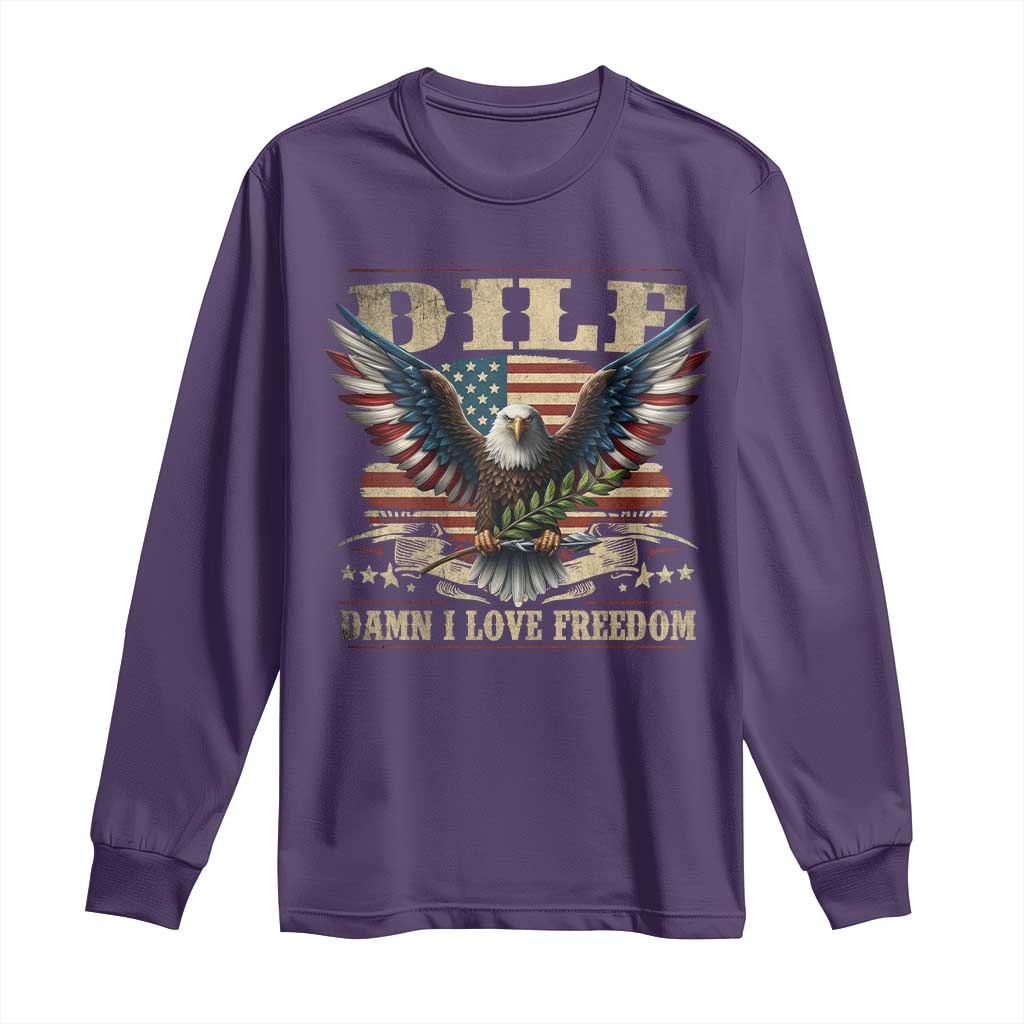 Funny 4th Of July DILF Damn I Love Freedom Long Sleeve Shirt Bald Eagle American Flag TS11 Purple Print Your Wear