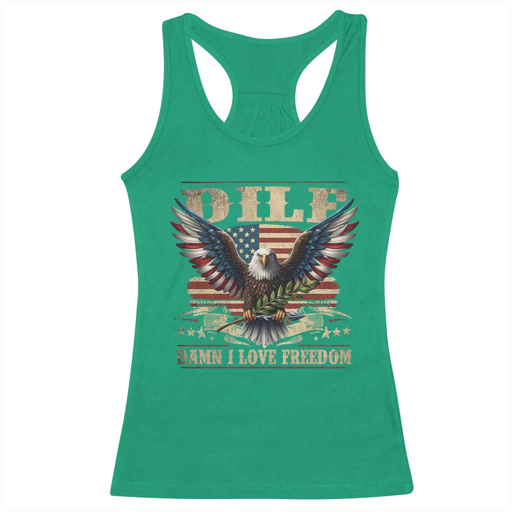 Funny 4th Of July DILF Damn I Love Freedom Racerback Tank Top Bald Eagle American Flag TS11 Irish Green Print Your Wear