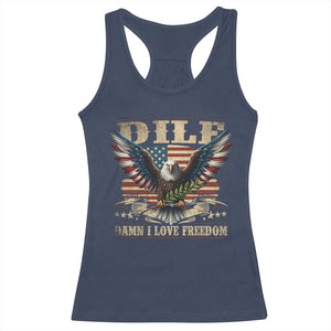 Funny 4th Of July DILF Damn I Love Freedom Racerback Tank Top Bald Eagle American Flag TS11 Navy Print Your Wear