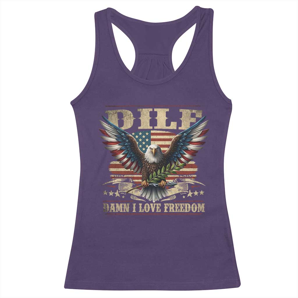 Funny 4th Of July DILF Damn I Love Freedom Racerback Tank Top Bald Eagle American Flag TS11 Purple Print Your Wear