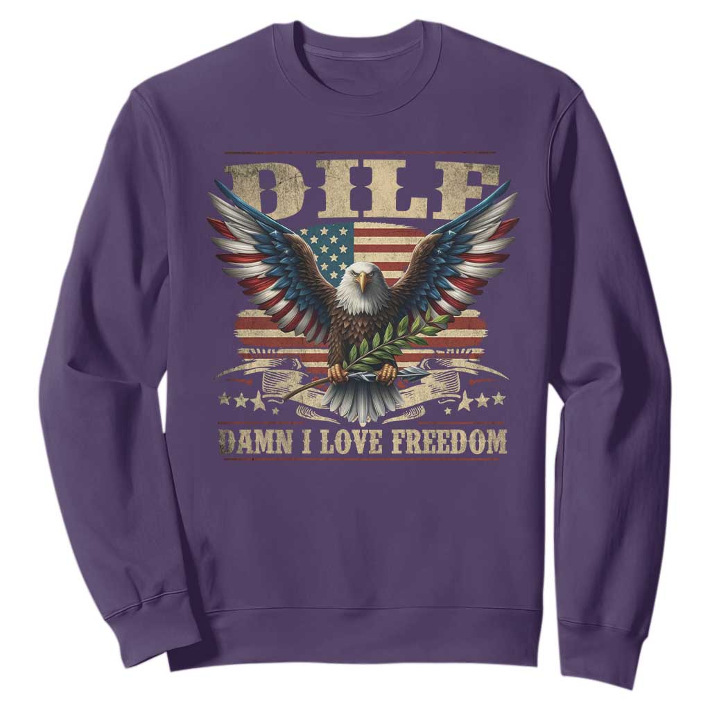 Funny 4th Of July DILF Damn I Love Freedom Sweatshirt Bald Eagle American Flag TS11 Purple Print Your Wear