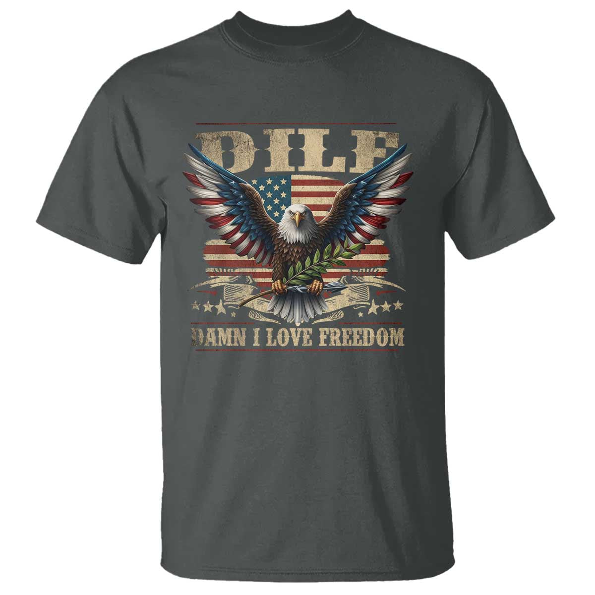 Funny 4th Of July DILF Damn I Love Freedom T Shirt Bald Eagle American Flag TS11 Dark Heather Print Your Wear